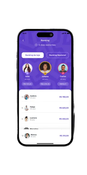Tela do app Multiplik mostrando o ranking de vendedores da campanha