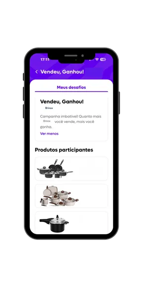 Tela do app Multiplik mostrando o desafio Vendeu, Ganhou com os produtos participantes